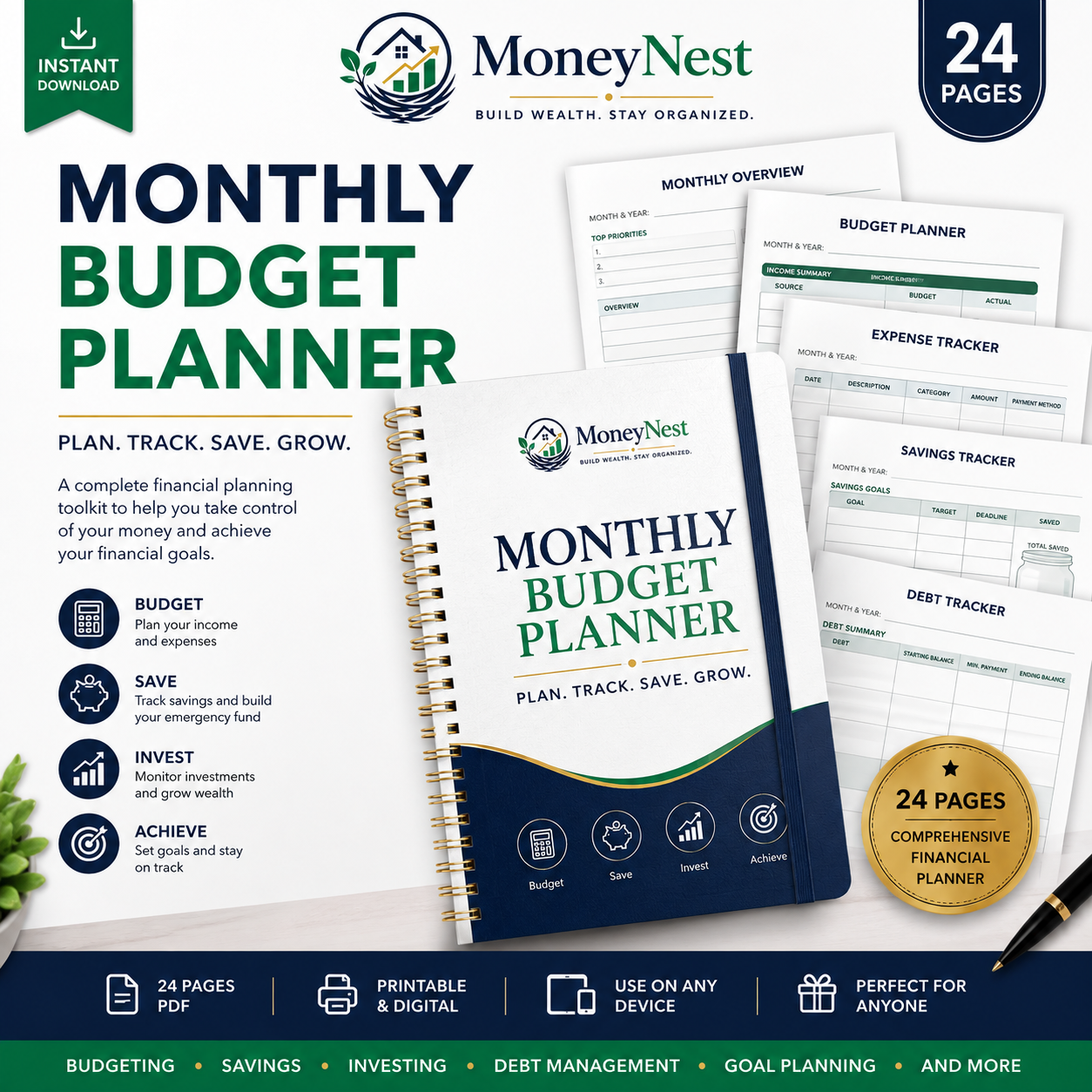 MoneyNest Monthly Budget Planner (24 Pages)